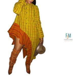 Contrast Asymmetrical Hem Long-Sleeve Plaid Shirt Dress